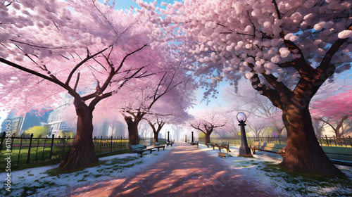Cherry blossoms in the park. Generative AI.