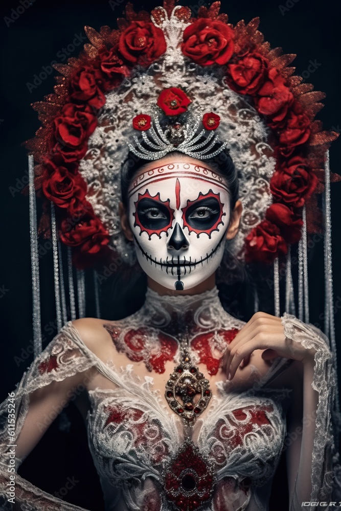 Portrait woman with sugar skull make up made with Generative AI Portrait woman with sugar skull make up made with Generative AI