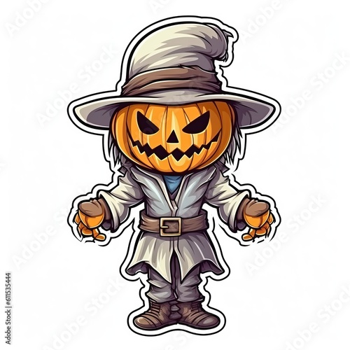 Halloween scarecrow pumpkin character sticker isolated on white made with Generative AI