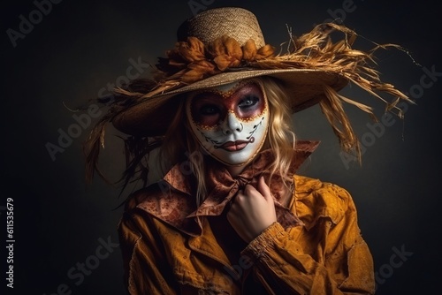 Portrait beautiful woman wearing halloween costume made with Generative AI