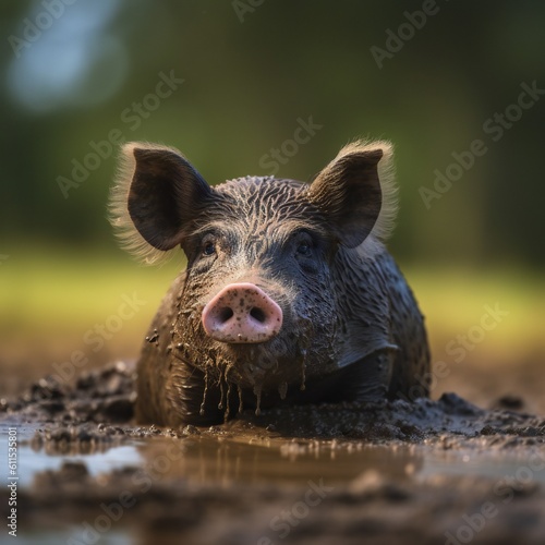 AI Generative. A pig rolling in a muddy puddle