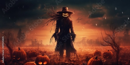 Scarecrow halloween pumpkin in the dark background made with Generative AI