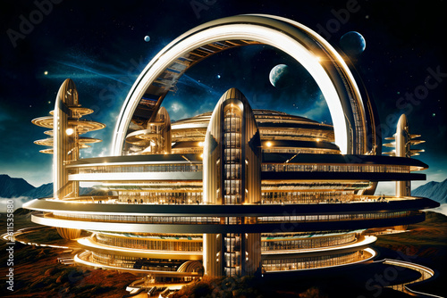 Space Tourism: A futuristic space hotel orbits the Earth. 