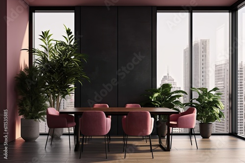 Interior of a dining room with a table and four pink chairs on a parquet floor and a plant in a pot next to a panoramic city view. blank wall  empty copy space Generative AI