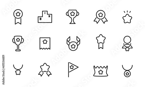 表彰、受賞を表すアイコンのセット/メダル/トロフィー/盾/バッジ/イラスト/ベクター/マーク
