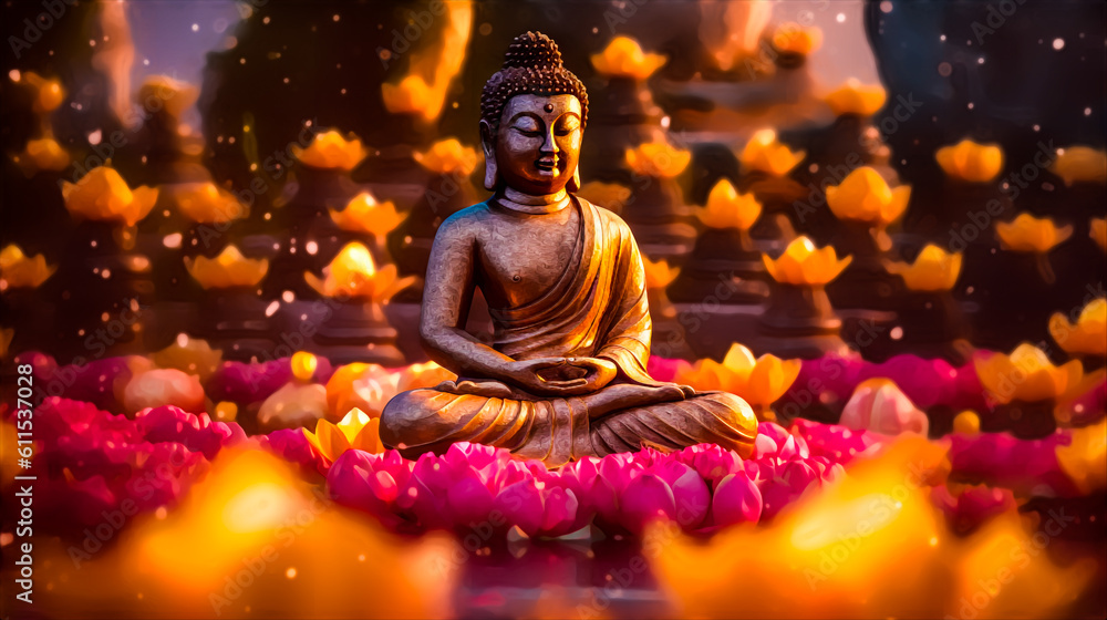 Buddha statue at night with lotus flower