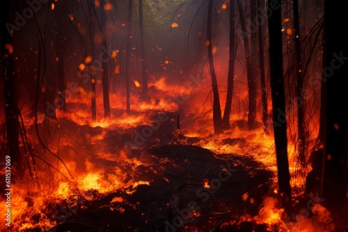 Illustration of a raging forest fire, trees, flames, intense burning red glow, generative ai. 