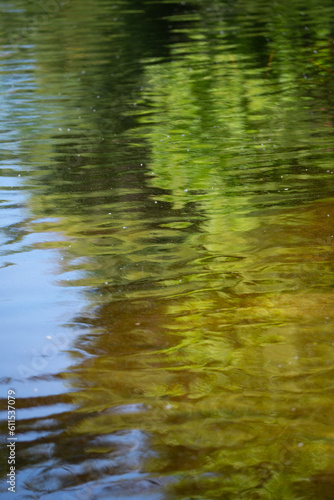 abstract motion blur of reflection in water of trees and blue sky with long shutter speed and moving water spring summer vertical background backdrop or wallpaper image with room for type cottage lake