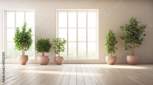 Interior design of a contemporary empty room with potted plants. Generative AI