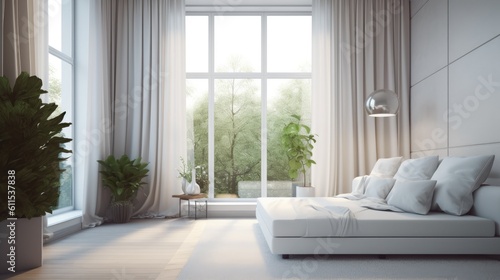glass window looking out from the white sofa and mock-up bedroom decor. Generative AI