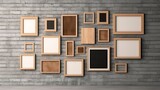 Decorative wall with painted frames. mockup of a square wooden frame. Interior is empty. Interior design is blank. For use in business. Generative AI