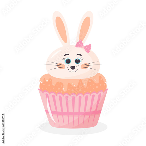 Cute Easter cupcake with bunny head. Funny sweet muffin with cartoon rabbit girl.