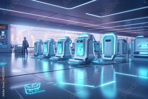 Futuristic airport with row of suitcases gliding effortlessly through holographic security checkpoint, travel technology. Generative AI