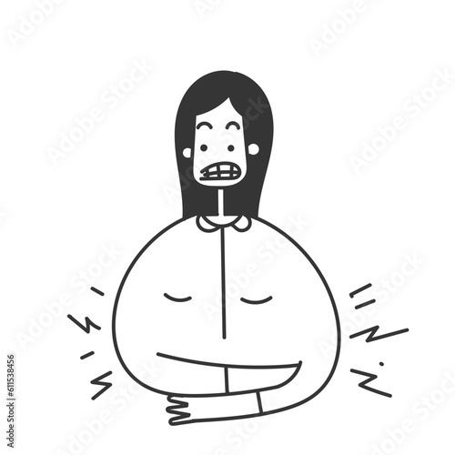 hand drawn doodle girl with abdominal stomach pain illustration