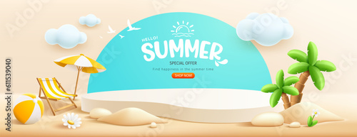 Podium Summer, pile of sand, coconut tree, beach umbrella, beach chair, beach ball, banner design, on cloud and sand beach background, EPS 10 vector illustration