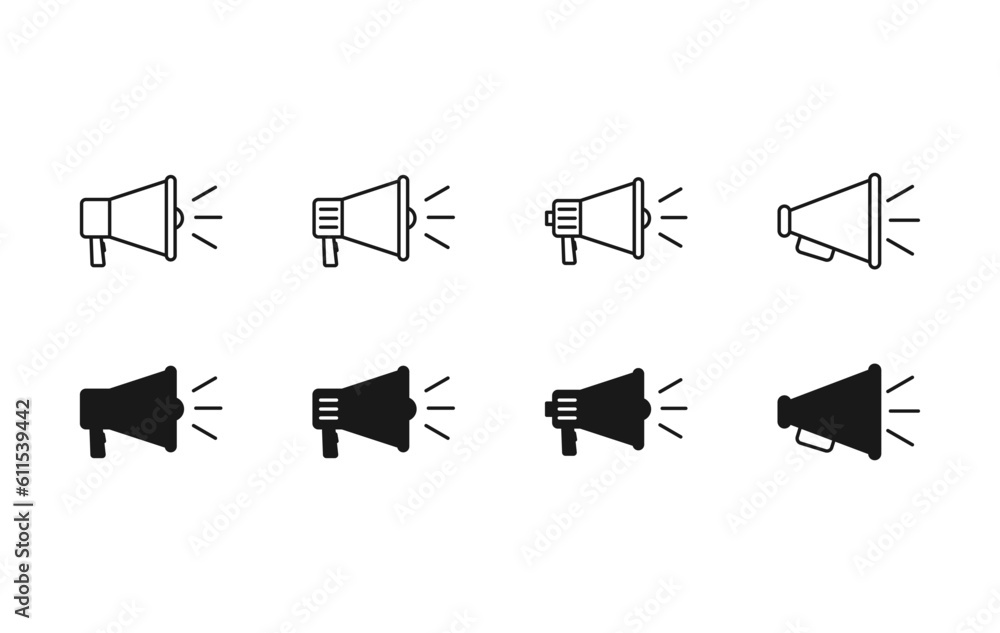 Loudspeaker megaphone icon set. Megaphone icon set. Silhouette and line