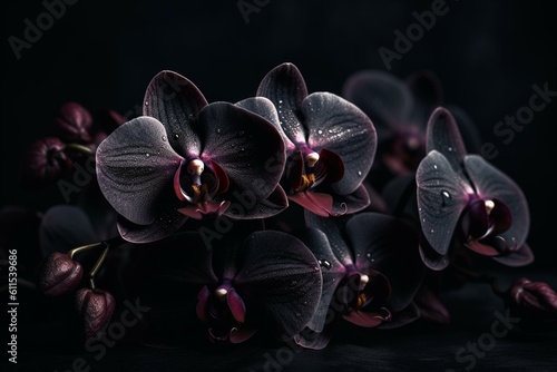 Rare black orchid flowers isolated on dark background. Generative AI