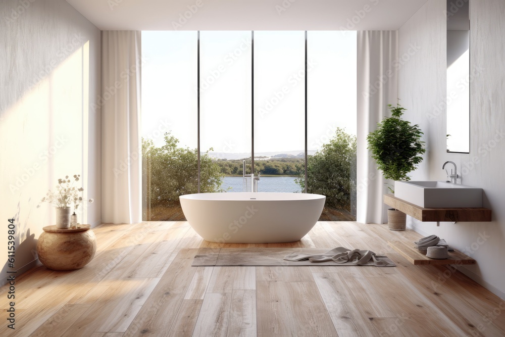 Fototapeta premium Interior of a minimalist bathroom including a white bathtub, tall windows, white walls, and a hardwood floor. a top view Generative AI