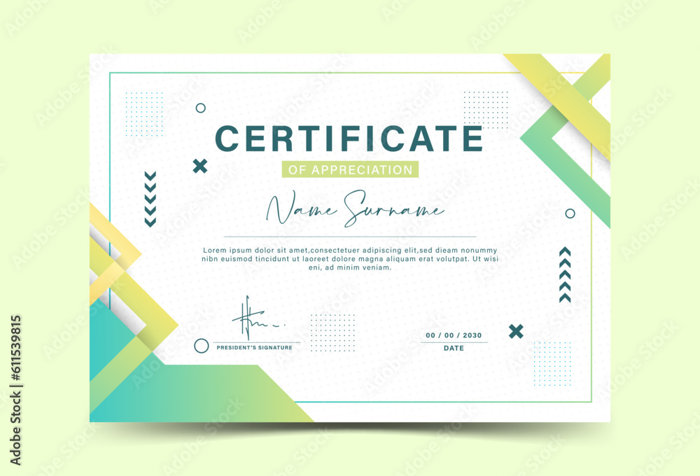 Geometric effect achievement certificate template,green and gold yellow gradation Blank design achievement certificate template Vector
