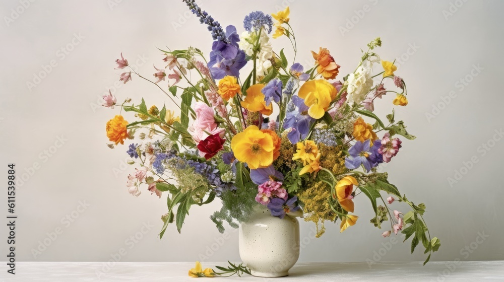 Fototapeta premium A vase of summer flowers against a white background. Inside decoration Generative AI