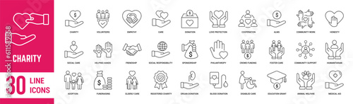 Charity thin line icons set. Donor, volunteer, community, solidarity, care, charity and helping hands. Vector illustration