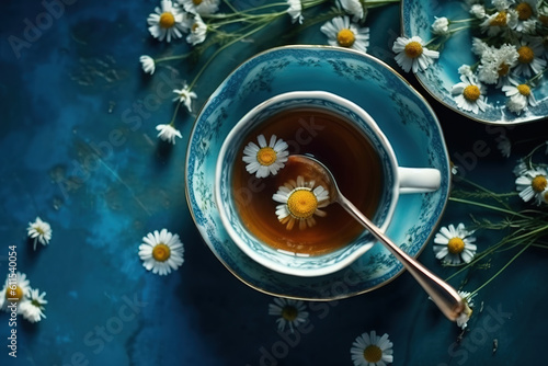 Wallpaper Mural Cup of tea with daisies, chamomile and honey and spoons, top view,  blue background. Generative AI Torontodigital.ca