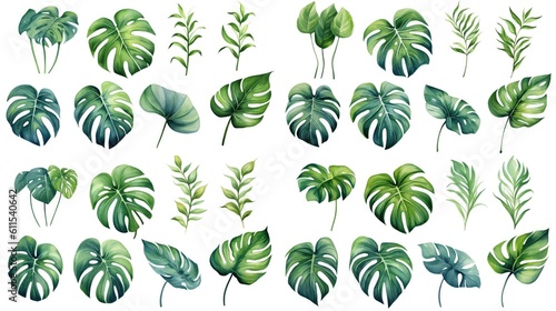 Exotic plant  palm leaf  monstera on isolated white background  watercolor illustration..Generated with AI