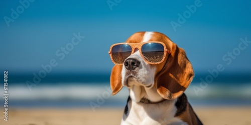 Dog at the beach wearing sunglasses, relax and vacation concept, style and fashion on the beach, funny pet sunbathing, playing and having family fun at sea, generative AI © Alan