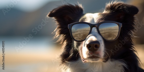 Dog at the beach wearing sunglasses, relax and vacation concept, style and fashion on the beach, funny pet sunbathing, playing and having family fun at sea, generative AI © Alan