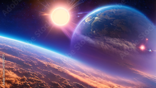 Sci-Fi Space Scene Large Cloudy Planet with Blue Earth Like Planet in Orbit with Bright Sun Colorful Generative AI Illustration