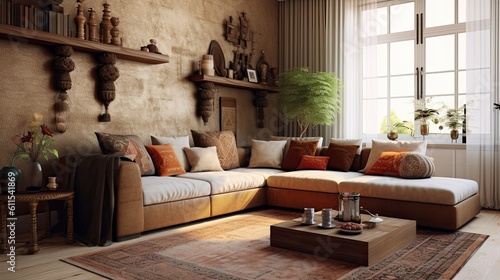 Elegant living room decor with mullioned walls and a stylish brown corner sofa with patterned pillows Generative AI photo