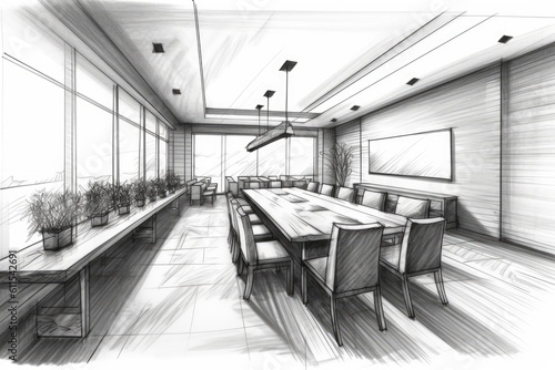 With an empty banner, a hand-drawn interior sketch of a modern dining area. Project, architecture, and blueprint concepts. Generative AI