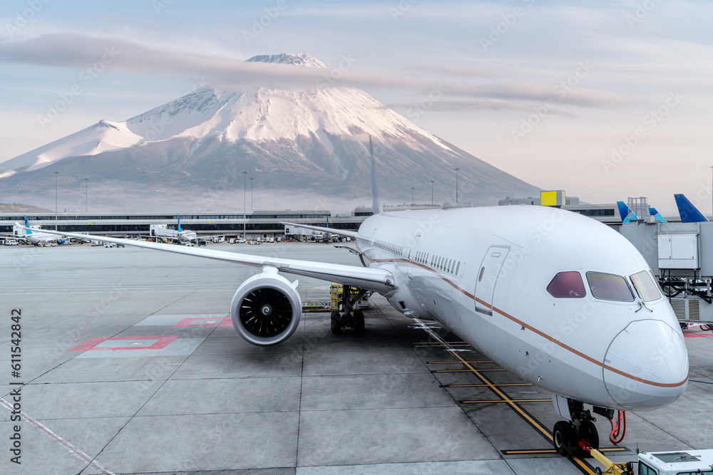 Airplaine passenger stop on run way of Heneda international airport with Fuji mountain background, Tokyo city, Japan
