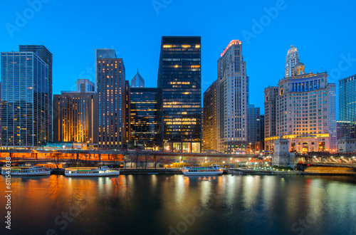 Cityscape of Chicago Riverwalk at Dusable bridge over Michigan rive