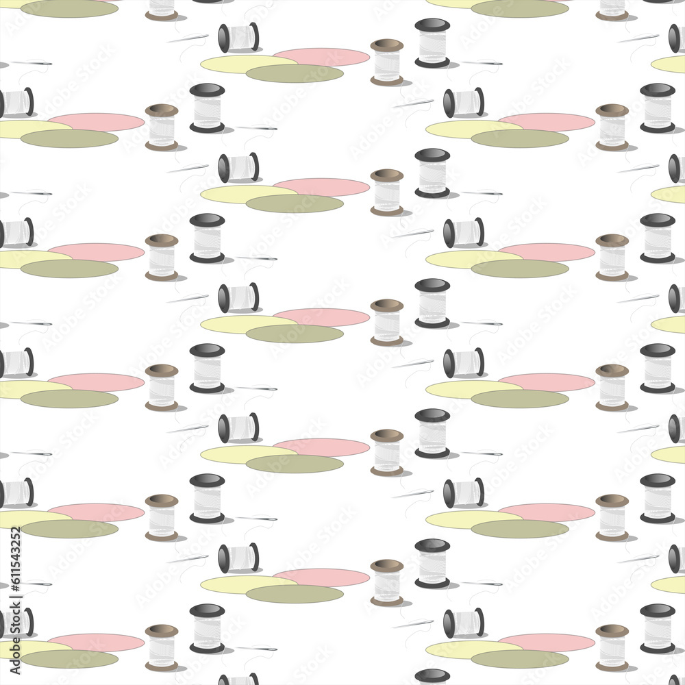 A pattern of round pieces of fabrics, spools of thread and sewing needles. A pattern of round pieces of fabrics, spools of thread and sewing needles.
