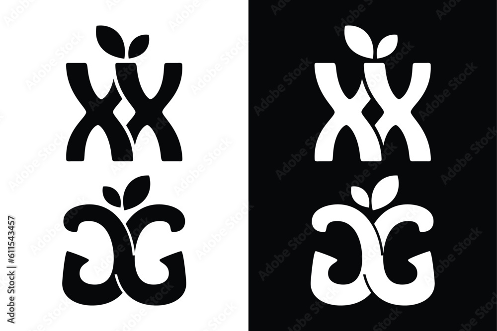 Set of leaf and XX GG letter black and white. Suitable in various business purposes also for icon, logo, symbol and many more. Set of leaf and XX GG letter black and white. Suitable in various business purposes also for icon, logo, symbol and many more.