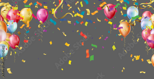 Vector happy birthday horizontal illustration with 3d realistic and balloon on  background with text and glitter confetti.