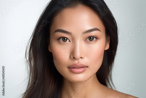 Beautiful Asian Woman, Close up on her face with Smooth skin look at the camera on a White background in Studio light.Generated with AI