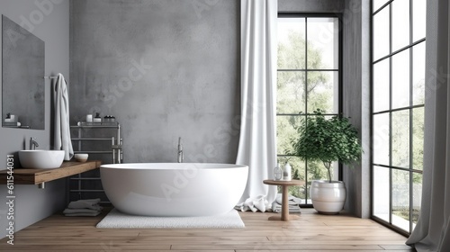 Photographie Bathroom interior with a white bathtub with a towel hanging over it, a hardwood floor, gray walls, and a loft window