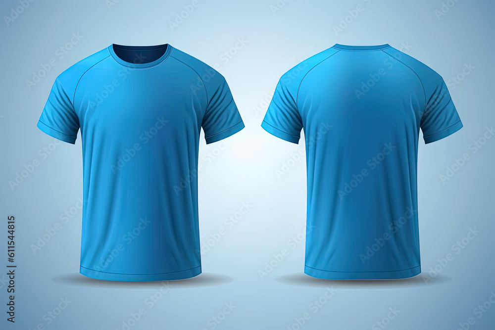Blue male t-shirt realistic mockup set from front and back view, blank textile print design template for fashion apparel. Created with Generative AI Technology Blue male t-shirt realistic mockup set from front and back view, blank textile print design template for fashion apparel. Created with Generative AI Technology