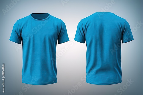 Blue male t-shirt realistic mockup set from front and back view, blank textile print design template for fashion apparel. Created with Generative AI Technology