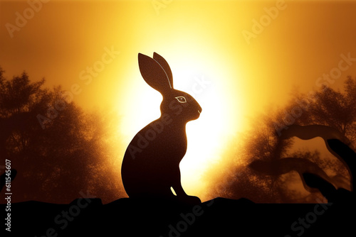 Easter hare / bunny in profile. Golden hues against a setting sun. Created with generative ai