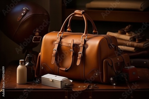 A luxurious leather travel bag with stylish accessories. Business travel. Generative AI