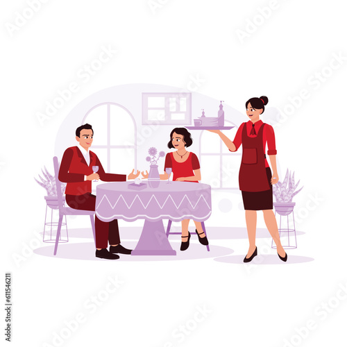 Female servers wearing aprons serve food to a couple of customers in a restaurant. Romantic dinner, restaurant. Trend Modern vector flat illustration.