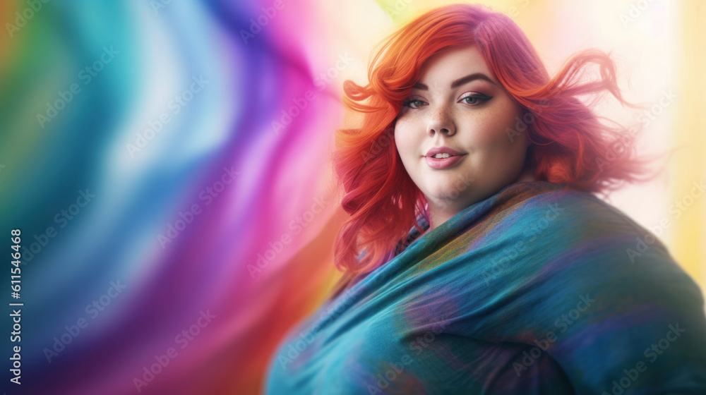 Fototapeta premium Beautiful fat young woman with long red hair on colorful background. AI generation