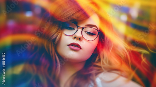 Beautiful fat young woman with long red hair on colorful background. AI generation