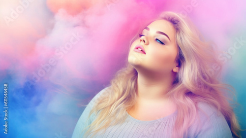 Beautiful fat blonde young woman on colorful background. AI generation