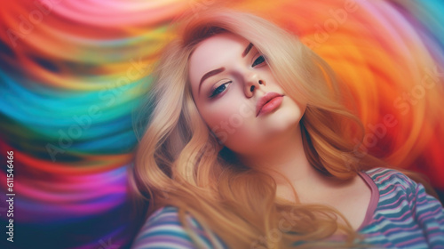 Beautiful fat blonde young woman on colorful background. AI generation