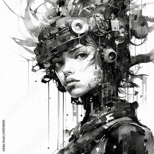  an amazing style of surreal manga illustration of cyberpunk, futuristic cyborg, girl portraits in black and white Created with generative AI tools.