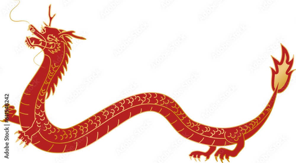 Obraz premium 金色の線で描かれた赤い横向きの龍の全身イラスト